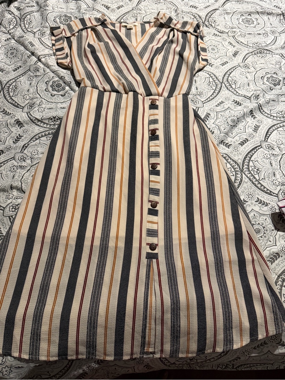 Striped V-Neck Midi Dress in Cream, Navy, Mustard & Burgundy